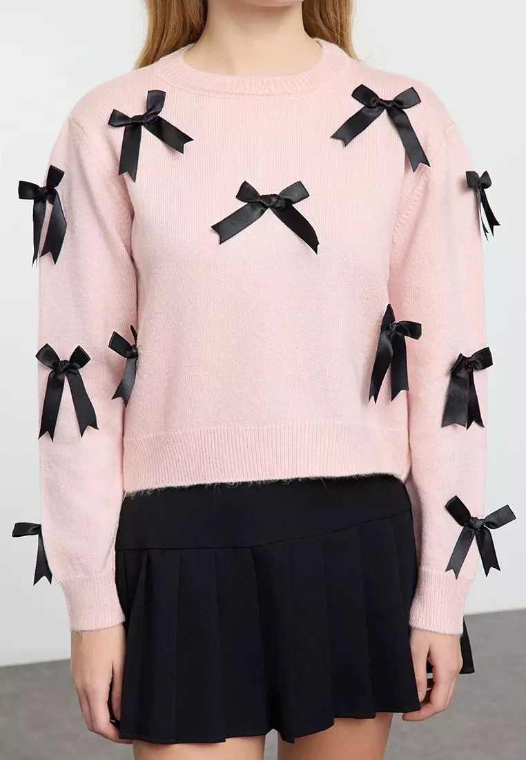 Pink Soft Textured Ribbon/Bow Detailed Knitwear Sweater TWOAW25KZ00155