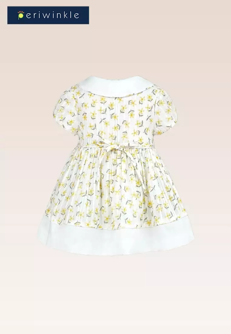 Luna Baby Girls Yellow Printed Dress With Ribbon Tie At Back