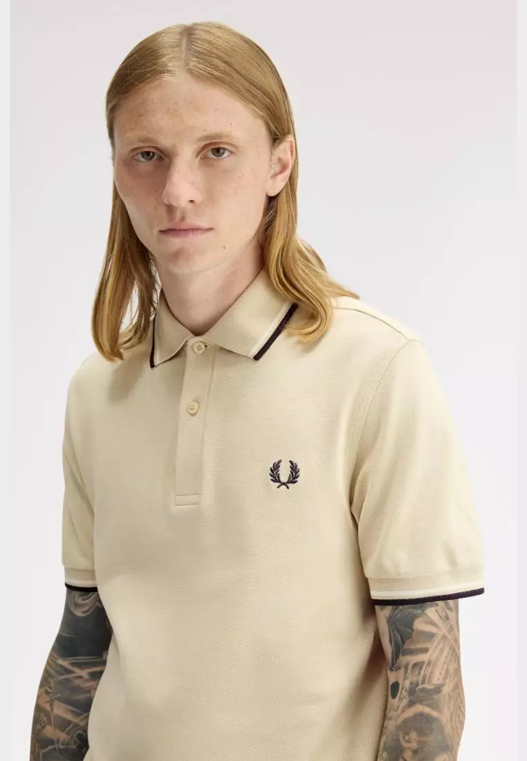 Fred Perry M3600 Twin Tipped Fred Perry Shirt (Oatmeal / Snow White / Anchor Grey)