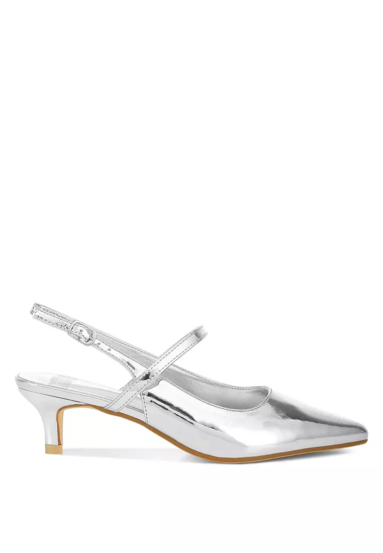 Kitten Heel Slingback Sandals in Silver