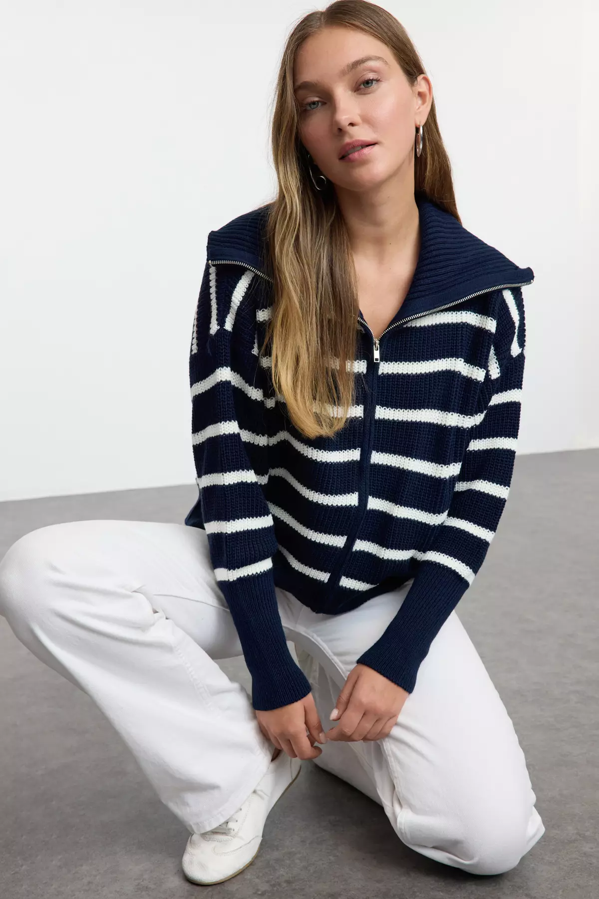 Navy Blue*001 Striped Wide Pattern Turn-Down Collar Zippered Knitwear Cardigan