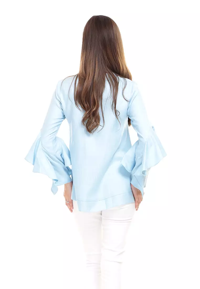 Dorothy Ruffles Sleeves Top Cotton Linen in Sky Blue