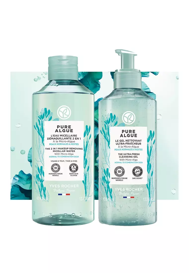 Pure Algue Ultra Fresh Cleansing Gel 390ml & 2in1 Makeup Remover Micellar Water 400ml Facial Cleanser for Dry Skin Care