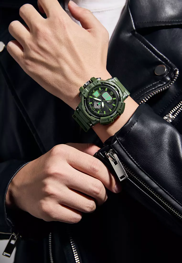 Jam Tangan Pria Digital&Analog Olahraga Bercahaya Multifungsi Alarm Jam Tangan Cowok D007 greenblack