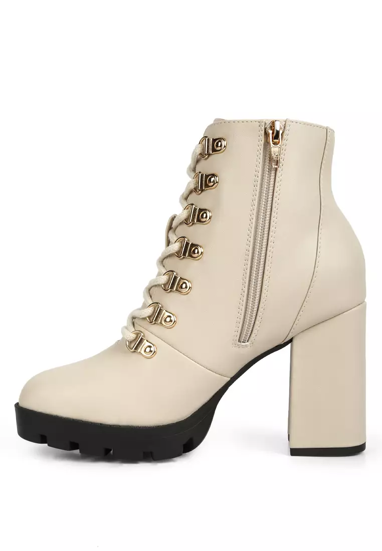 Beige Lace Up Block Heel Boots