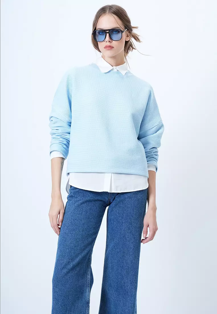 Blue Crew Neck Bat Sleeve Wide Cut Basic Blouse Alc-X14391