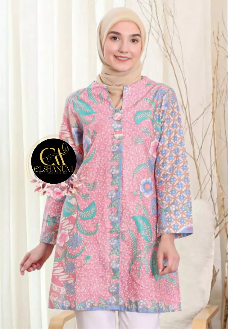 Faleesha Tunik Batik Wanita Casual Modern Lengan Panjang