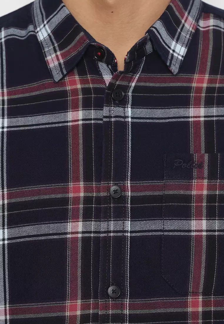 POLICE Kemeja Kotak Twill Merah Regular Fit Pria