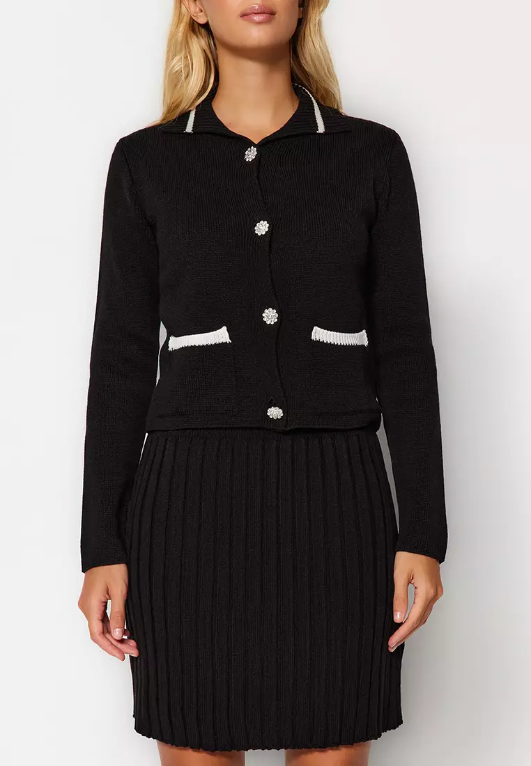 Buttoned Cardigan with Skirt Set