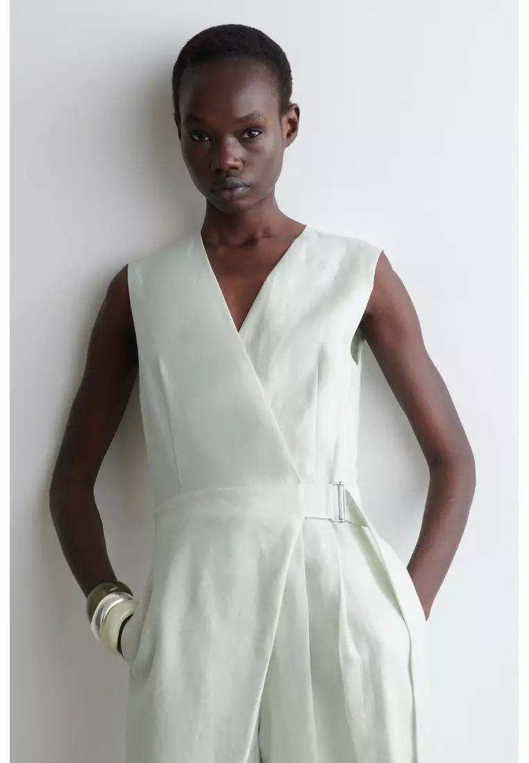 WRAP-FRONT LINEN JUMPSUIT