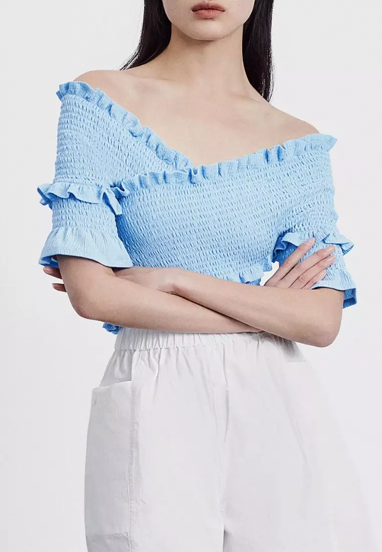 Off shoulder frill trim bow front shirred best sale milkmaid top