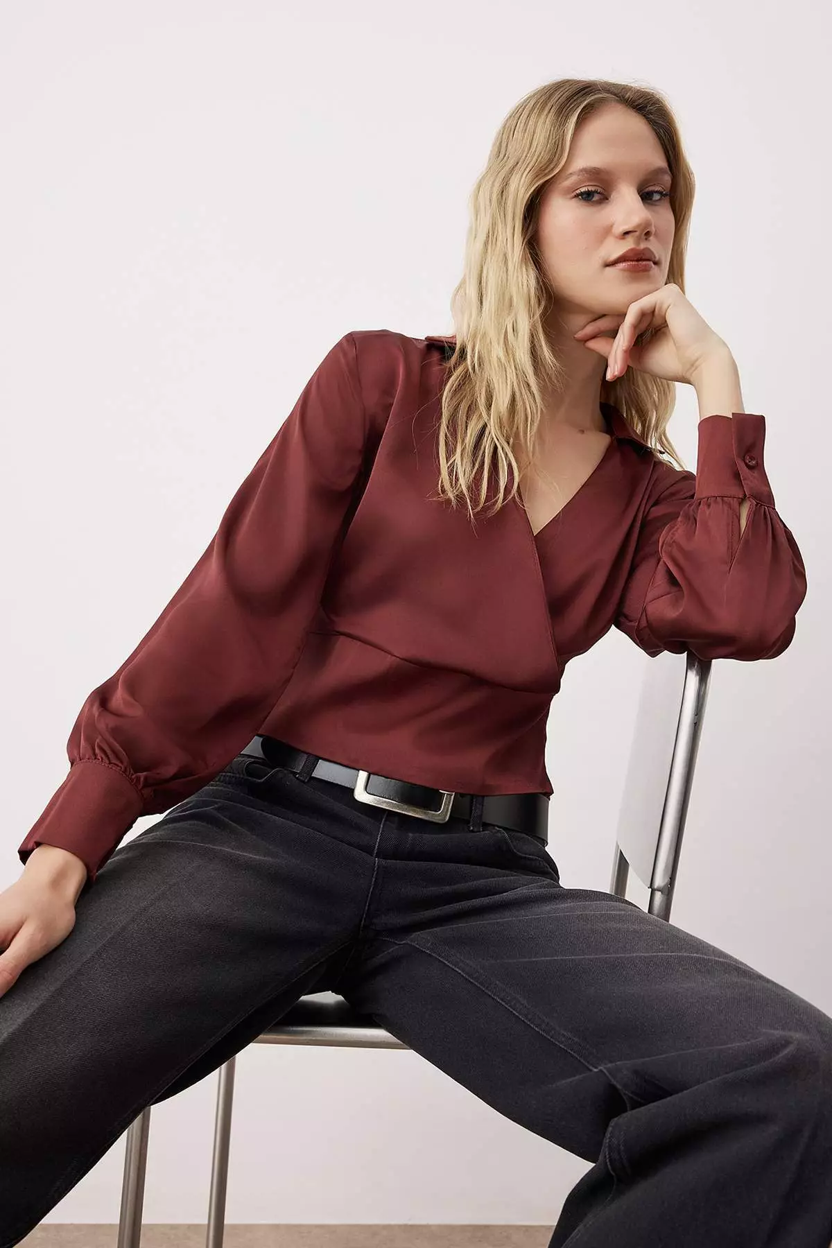 Brick Fitted Satin Woven Blouse