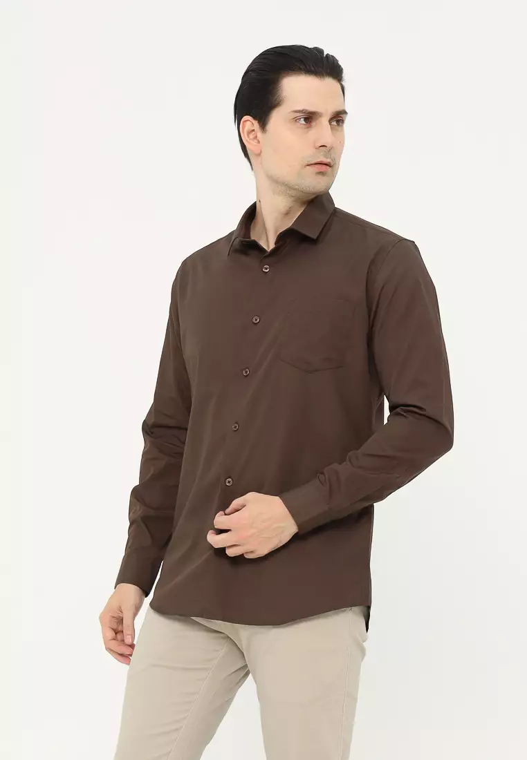 MAGINOT Kemeja Pria Basic Polos Panjang DARK CHOCOLATE