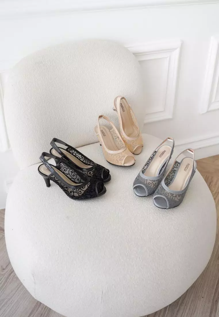 Adeline Sepatu Sandal Wanita Sling Back Mesh hak stiletto tinggi 7 cm- Black