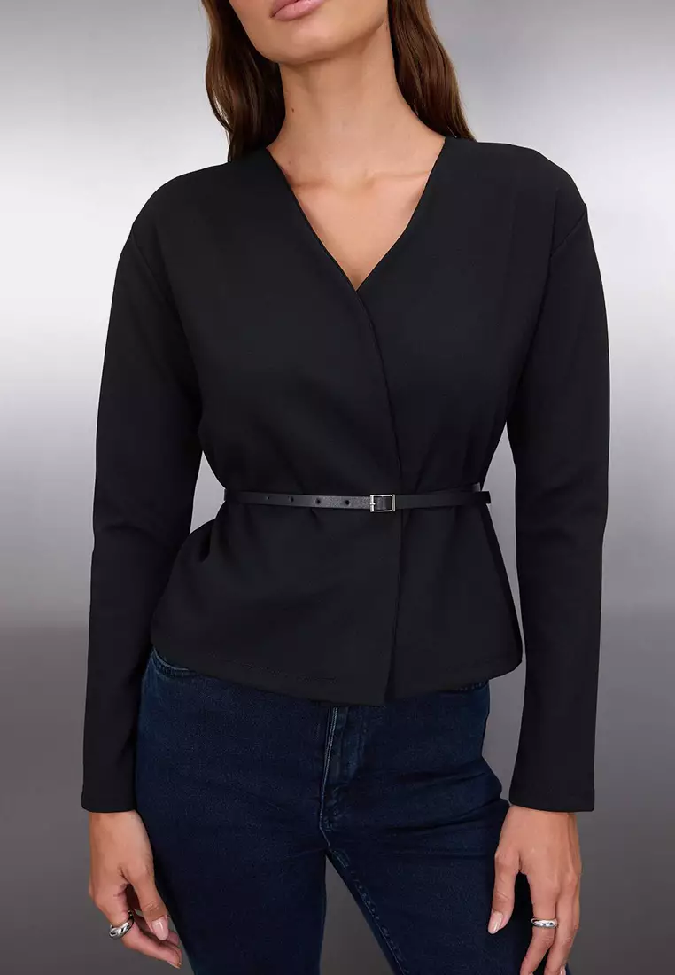 Black Belt Detailed Double Breasted V-Neck Flexible Knitted Blouse Twoaw26Bz00168