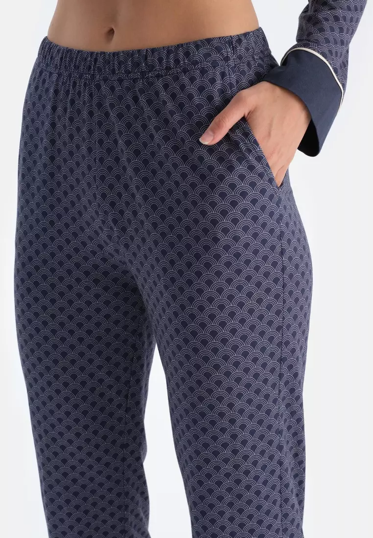 Navy Shirt & Trousers Set, Geometric Patterned, Regular Fit, Long Sleeve Sleepwear for Women