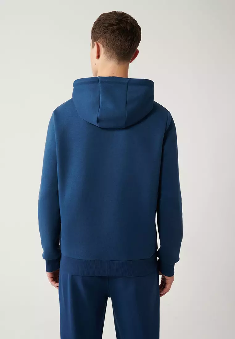 Men's Indigo Hooded 3 Thread Raised Printed Sweatshirt A32Y1240