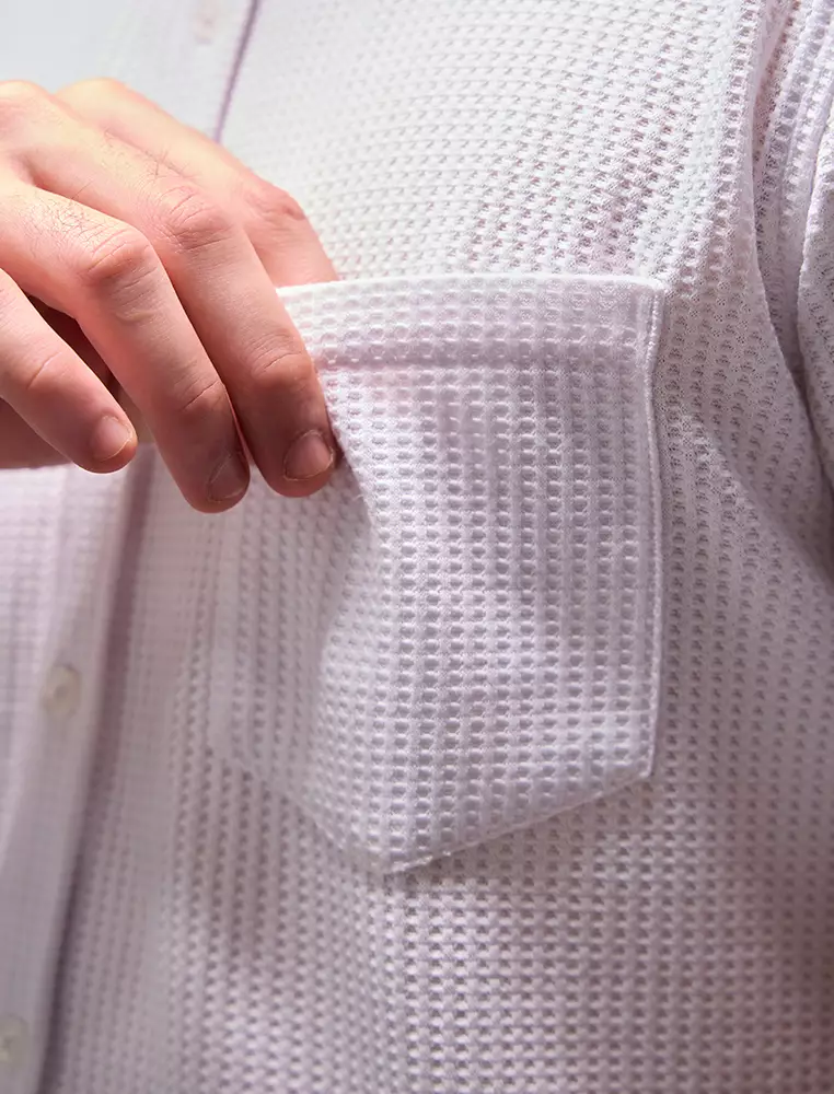 OXCON kemeja Tangan Pendek Waffle Kerah Collarless Putih