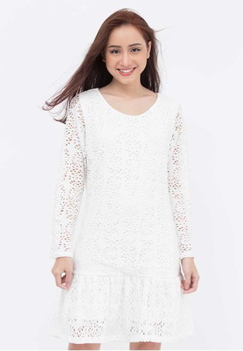 Premium Perforated Long Sleeve White Lace Dress