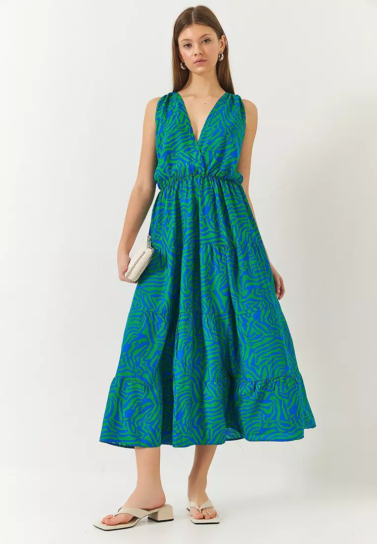 Women's Double Breasted Neckline Elastic Waist Back Rope Tie Print Dress 60261428