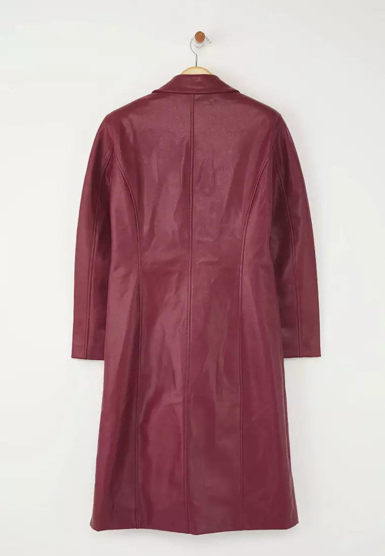 Burgundy Faux Leather Mono Closure Regular Long Coat
