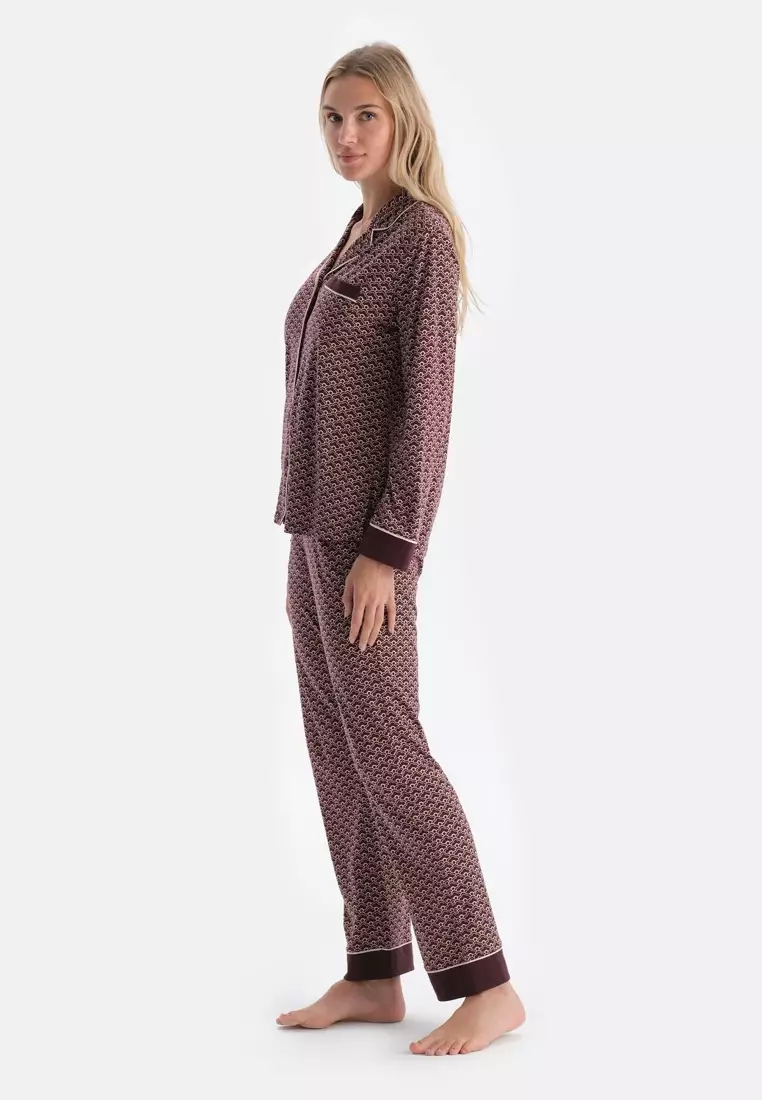 Dagi Plaid Thermal Shirt Trousers Pajama Set, Rosa Morbido, L