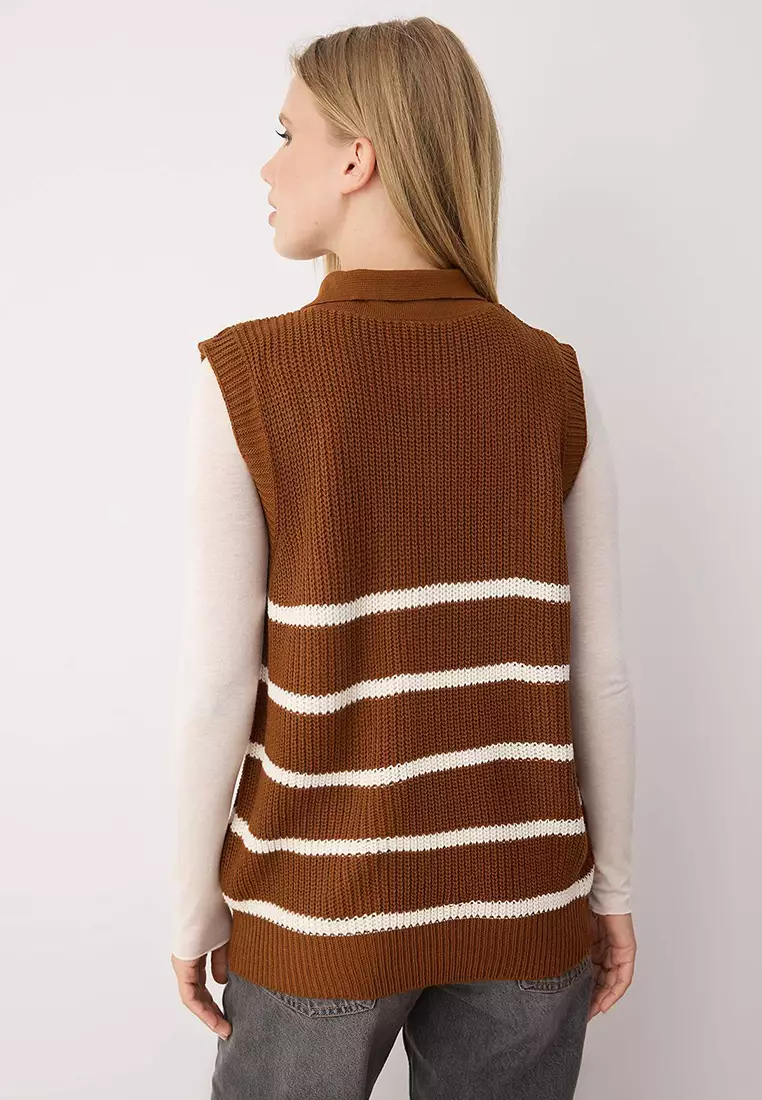Brown Zippered Striped Polo Neck Sweater Sweater