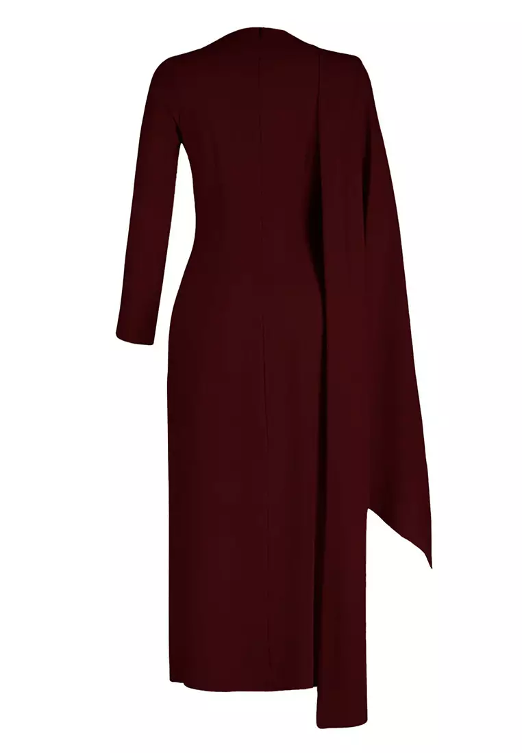 Burgundy Shawl Detailed Lined Evening Dress Tctss24Db00036