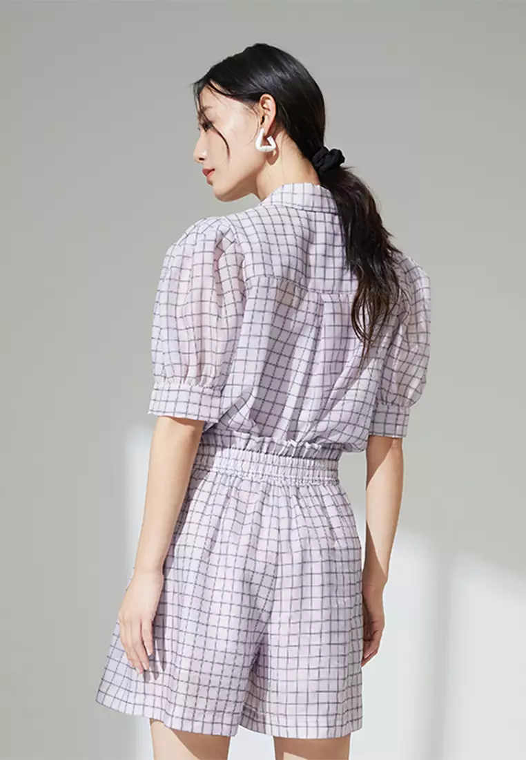 Grid Design Smart Casual Office Blouse and Shorts Set
