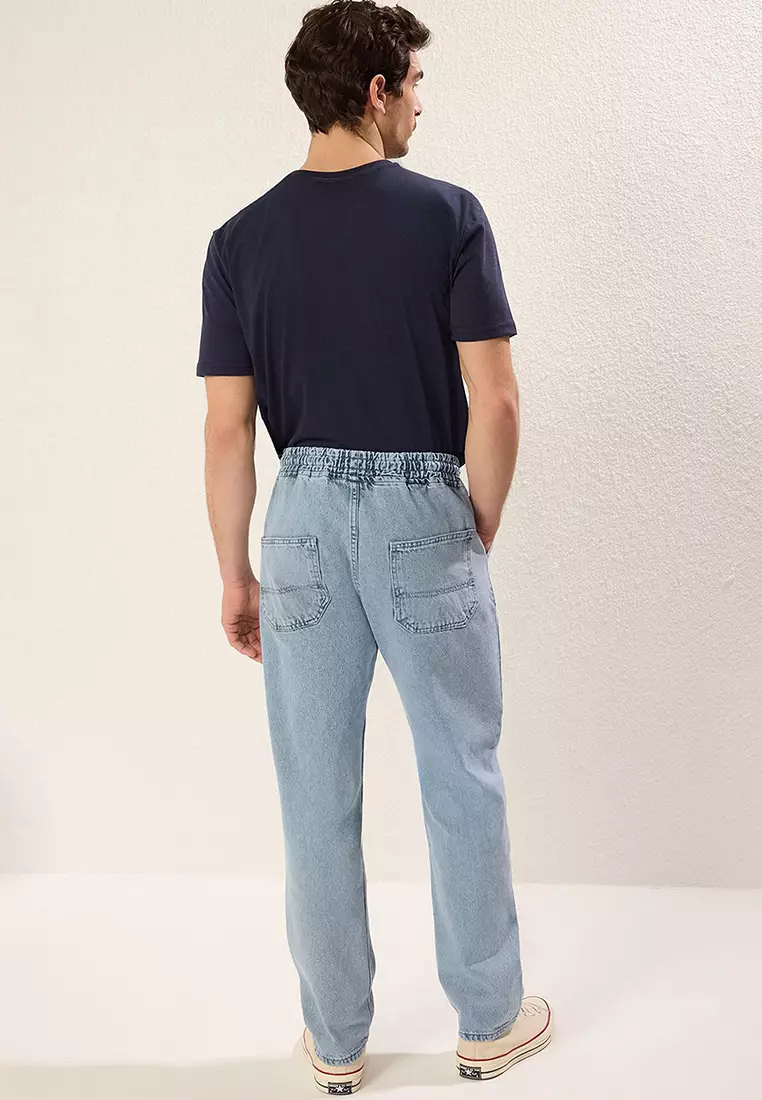 Blue Regular Fit Elastic Waist Wide Cut Loose Jeans TMNAW24JE00025