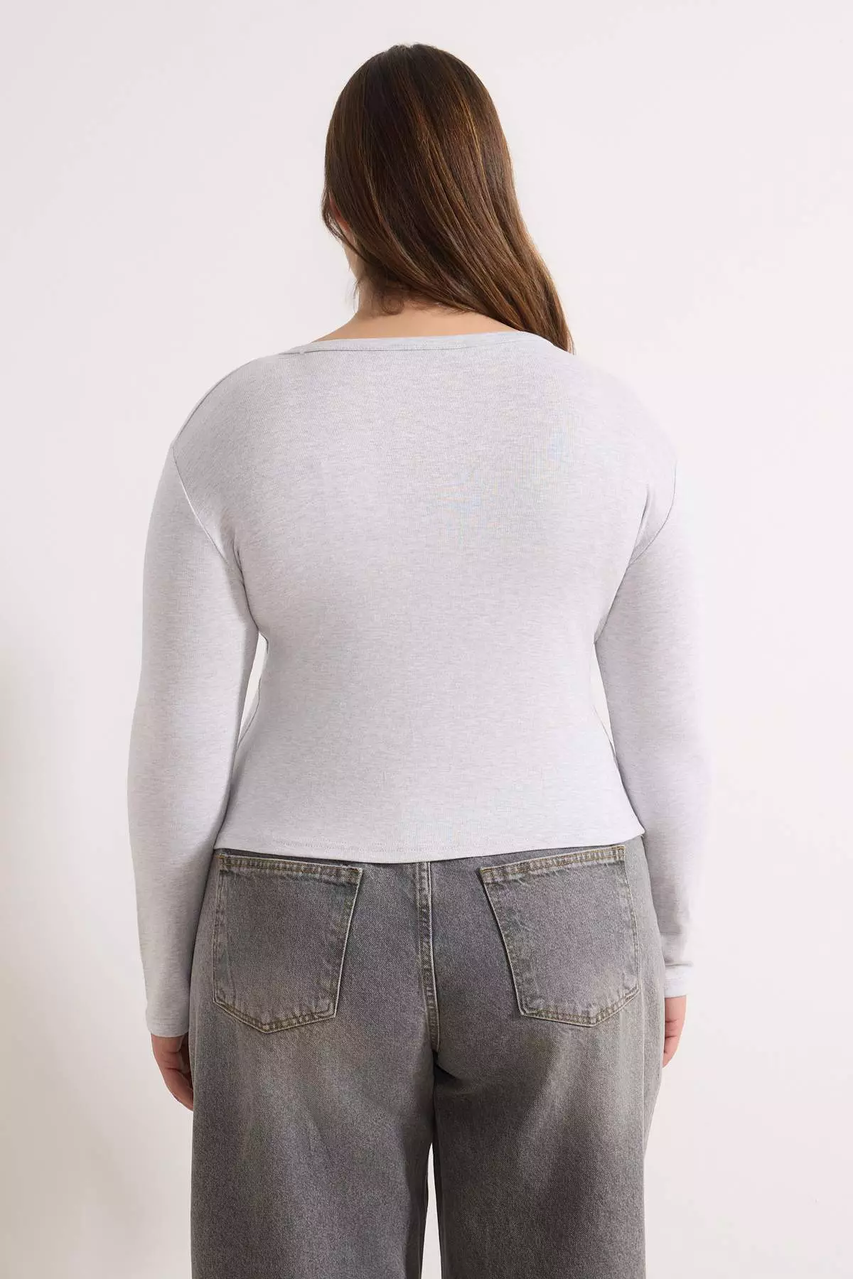Gray Melange Snap Crop Top Basic Knitted Plus Size Blouse Tbbaw26Af00119
