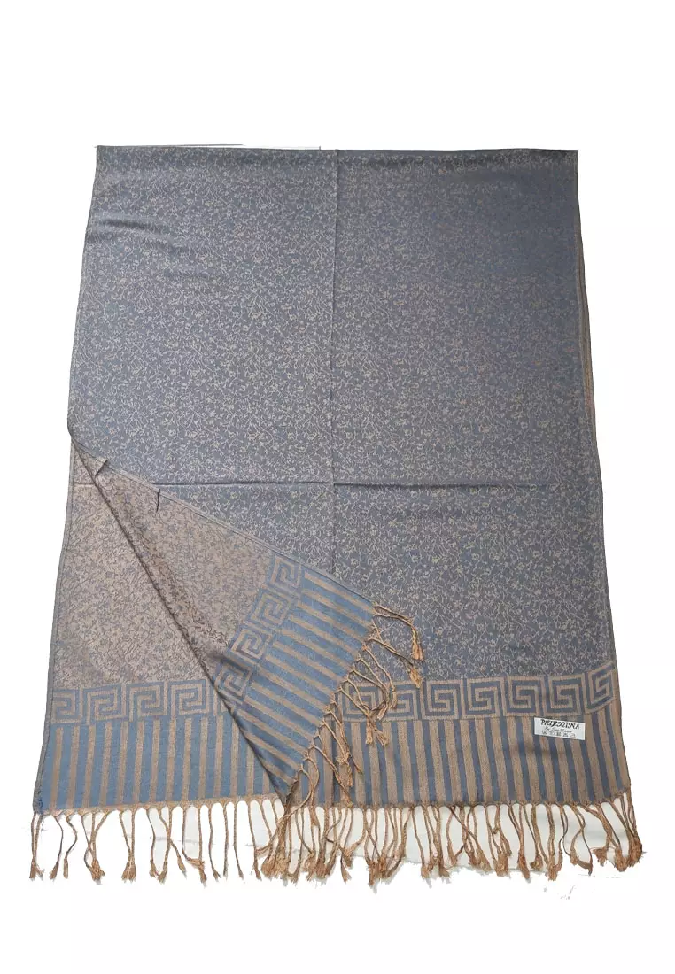Reversible Viscose Floral Pattern Pashmina Shawl Syal Wanita Denim blue