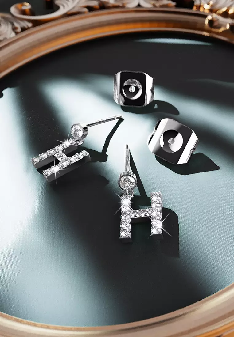 Solid 925 Sterling Silver Initial Crystal Personalised Alphabet Letter Earrings - H