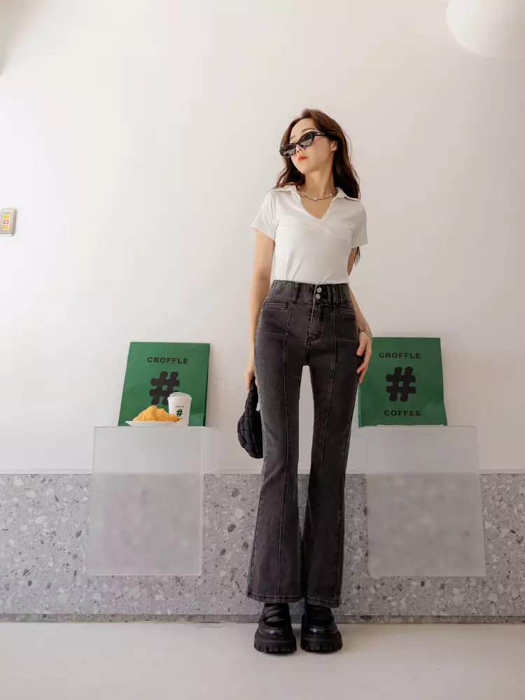 視覺細-5KG．鬆緊腰彈力炒鹽牛仔喇叭顯瘦褲薔薔款《BA7503》