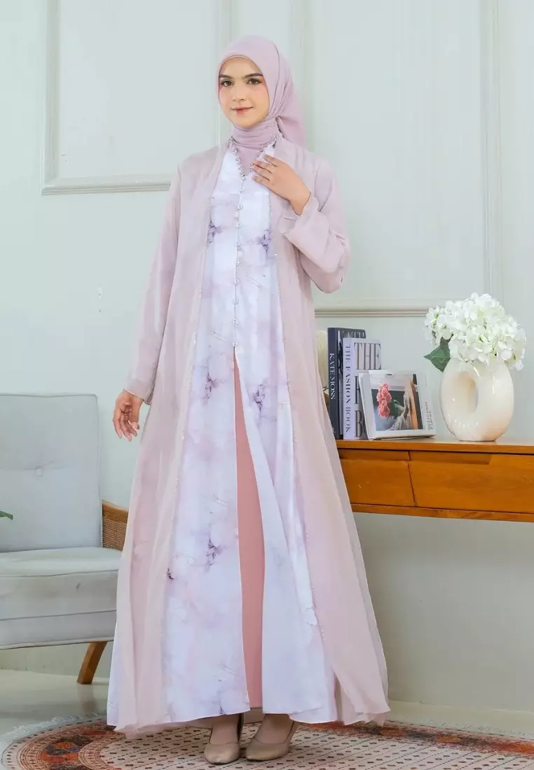 Gamis Long Dress Mosleem Elegant Pink Marble One Set Outer Stylish By Brilliant Girl Warna Pink