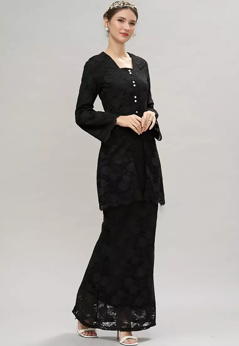 Loveaisyah Black Lace Puff Sleeve Modern Kebaya and Maxi Lace Skirt Hari Raya
