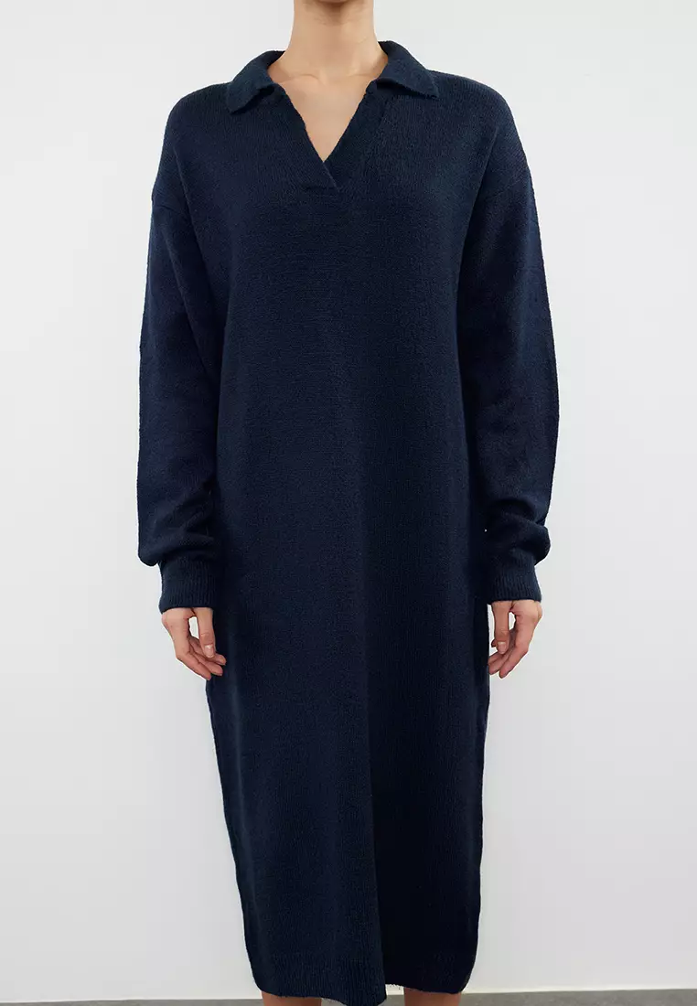 Navy Blue More Sustainable Midi Knit Soft Texture Dress TWOAW24EL00520