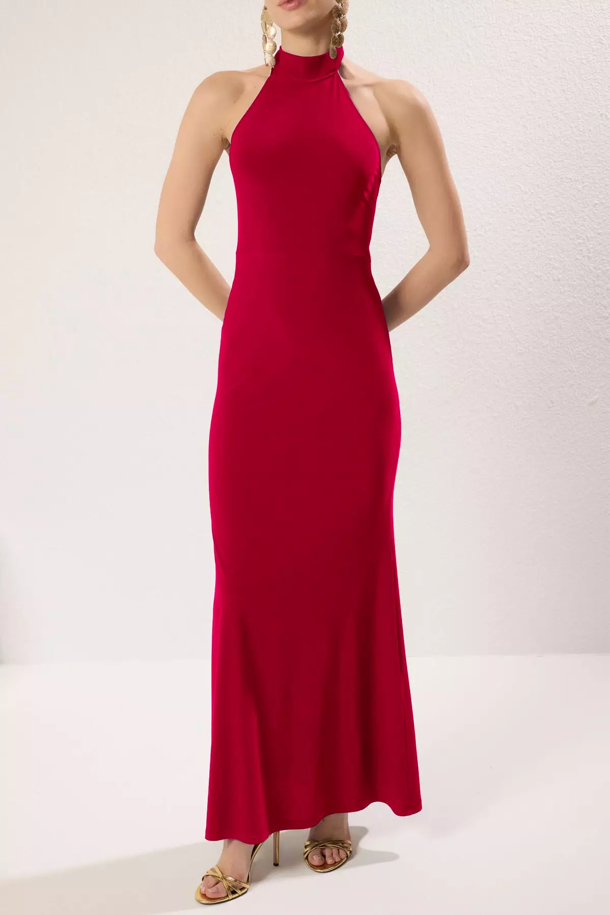 Red Buckle Detailed Maxi Stylish Evening Dress