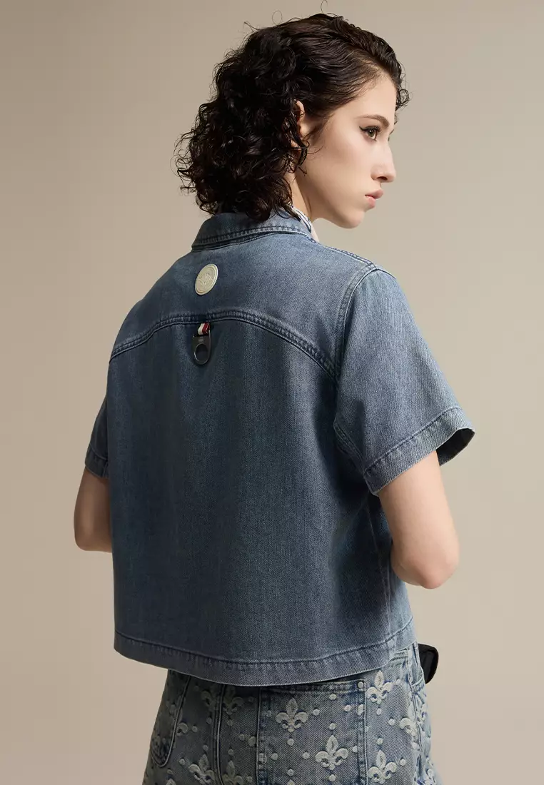 女裝刺繡鳶尾花 LOGO 短袖牛仔裇衫