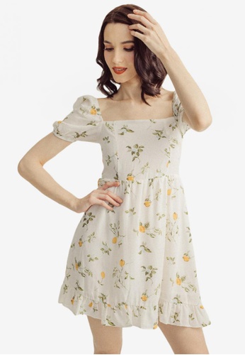 Love, Ara white Eunice White with Green and Yellow Floral Print Square Neck Puff Sleeves Mini Dress 7C8AFAA34380CEGS_1