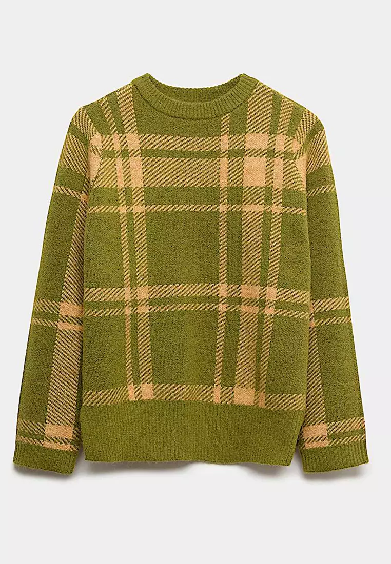 Checked Crew Neck Relaxed Fit Jumper With Wool