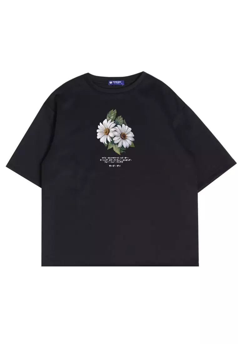 MTT63 Kaos gambar bunga oversize scuba "two daisies" hitam