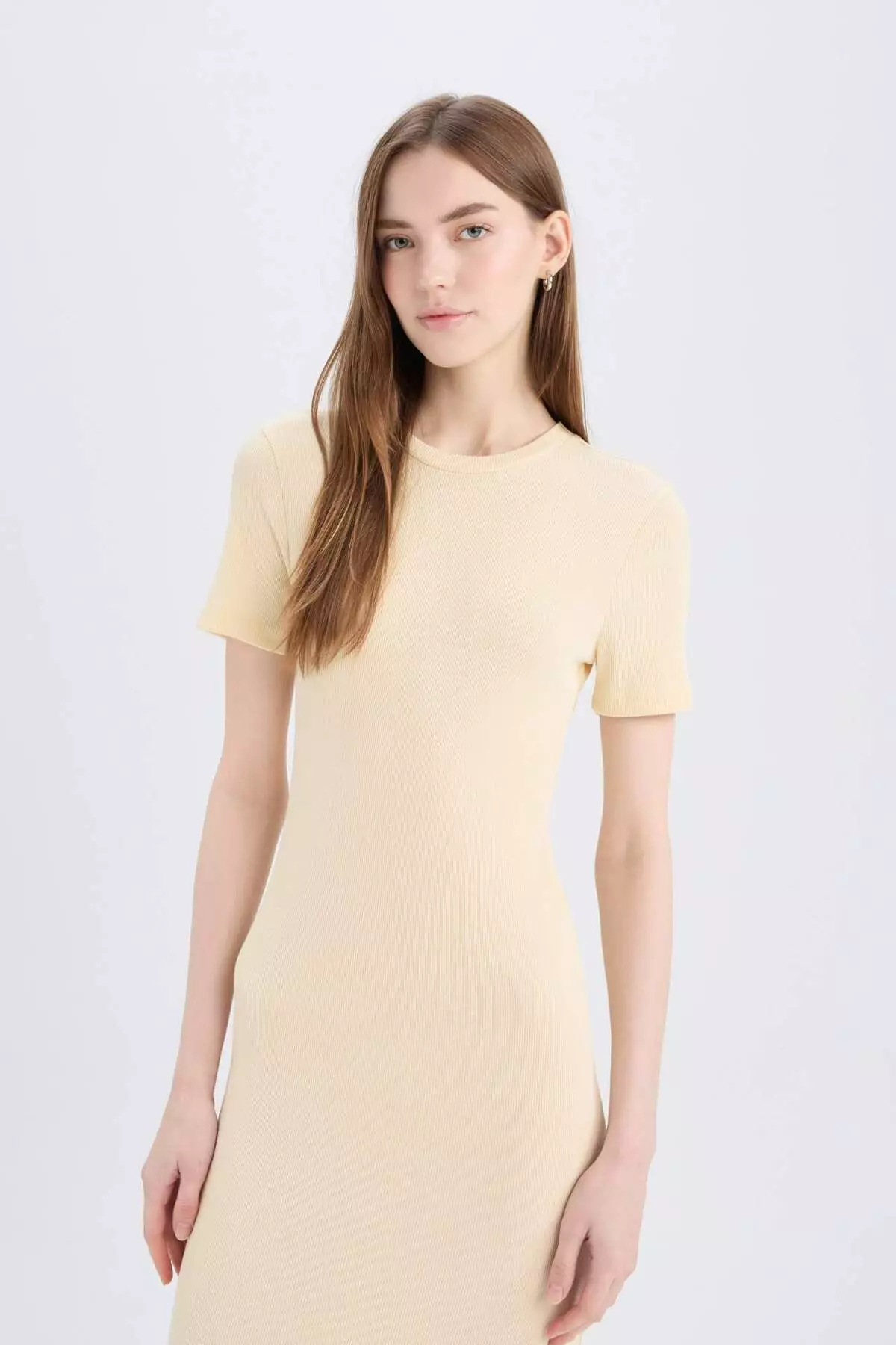 Bodycon Body Hugging Crew Neck Basic Plain Ribbed Camisole Short Sleeve Midi Dress E6926Ax25Sp