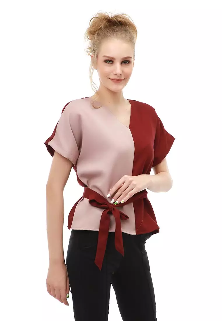 Cheva Blouse Atasan Wanita Kasual Tali Ikat Samping Kombinasi 2 Warna Material Moscrepe ORIGINAL