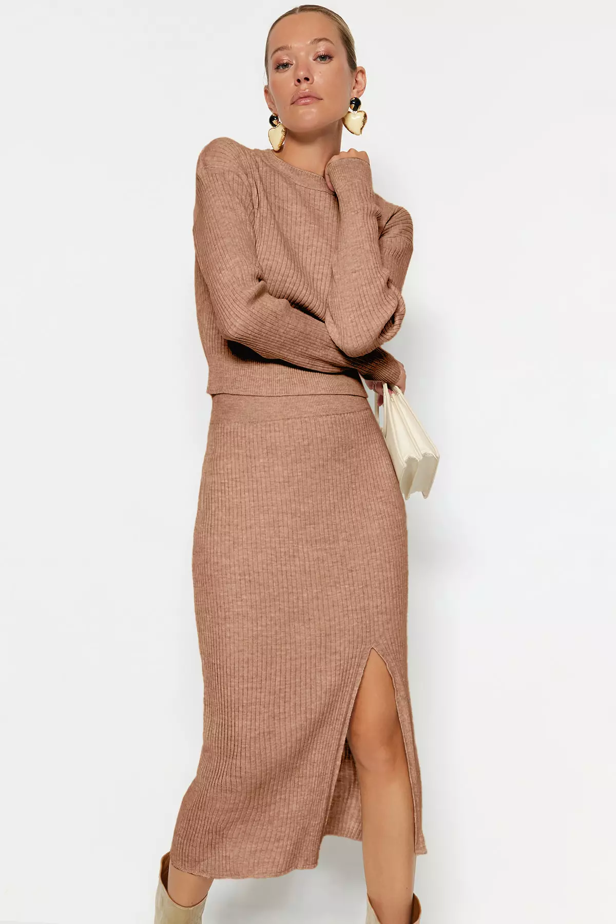 Camel Crop Skirt Knitwear Bottom-Top Set