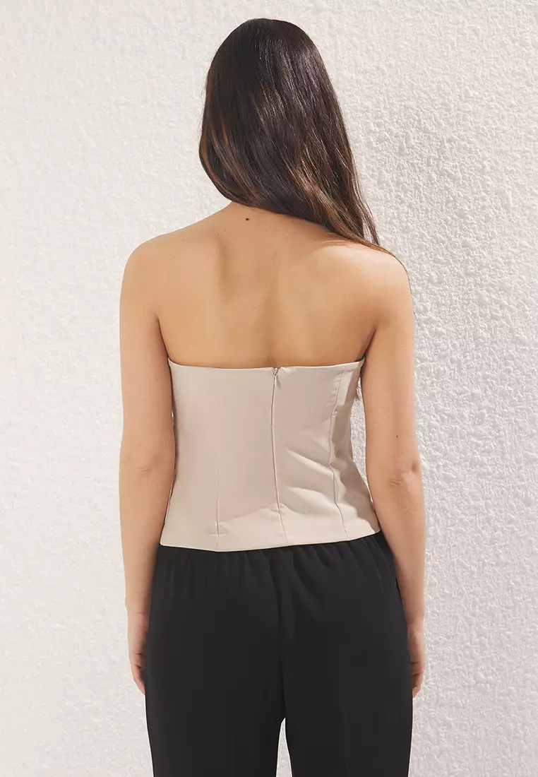 Mink Strapless Fitted Thin Ornamental Belt Detailed Woven Blouse TWOSS25BZ00421