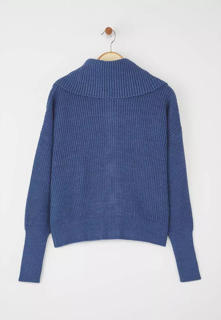 Indigo Wide Fit Turn-Down Collar Zip-Up Knitwear Cardigan Twoaw24Hi00072