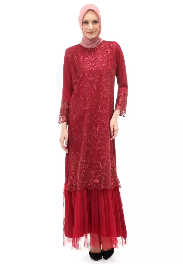 Diana Gamis Brukat Wanita Muslimah Lapis Moscrepe Premium Quality - Maroon