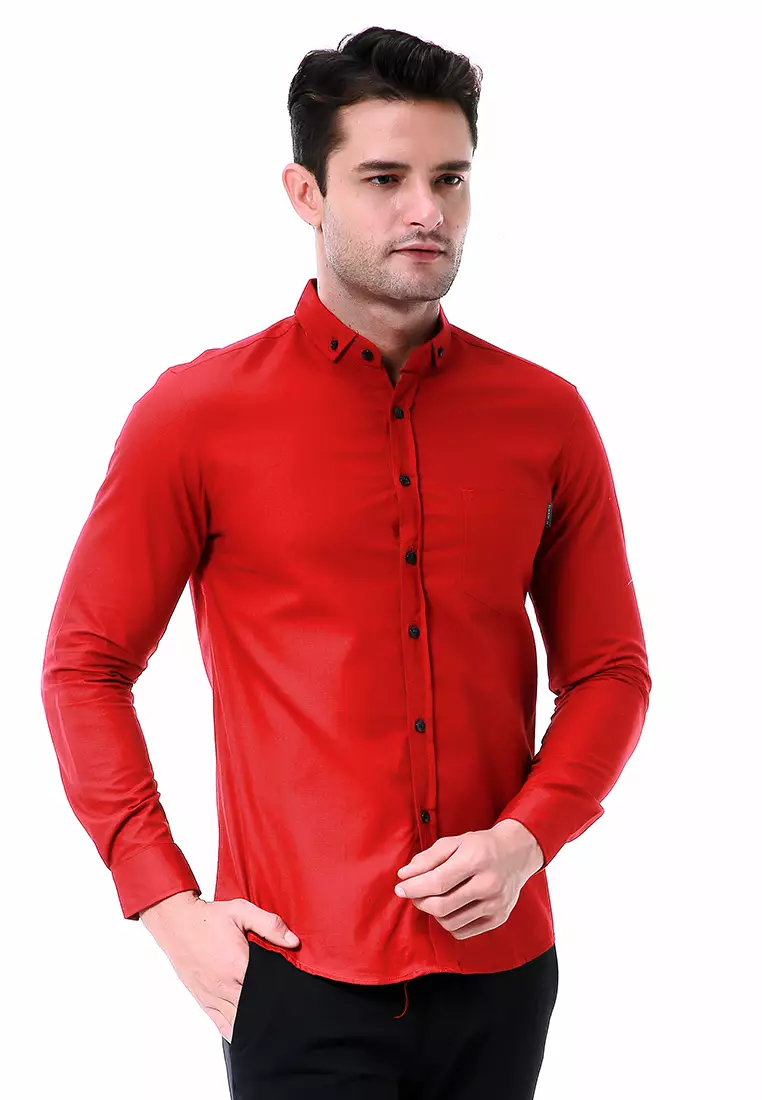 Leopold Kemeja Basic Pria Motif Polos Long Sleeve Material Cotton ORIGINAL - Maroon