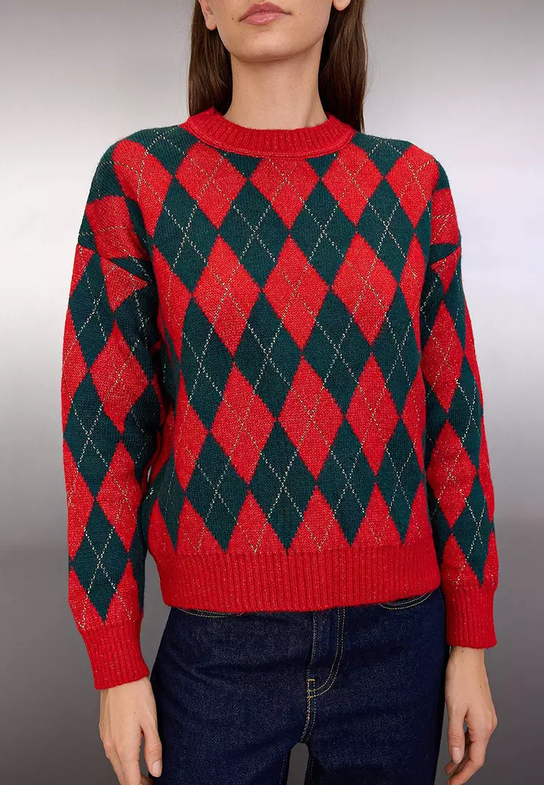 Red New Year's Themed Soft Textured Glittery Knit Sweater